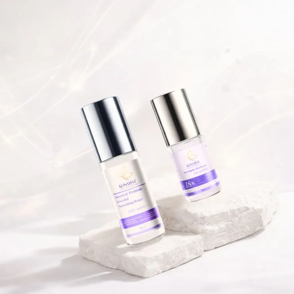KOSMIST Dual Serum Set สูตร Clean Beauty มี Probiotic และ Peptide สำหรับผิวแพ้ง่าย ฉากขาวสไตล์มินิมอล