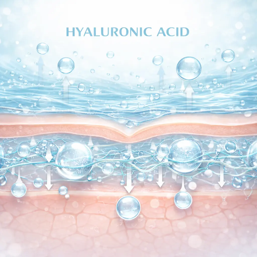 ภาพจำลองการทำงานของ hyaluronic acid ที่ช่วยคงความชุ่มชื้นในชั้นผิว