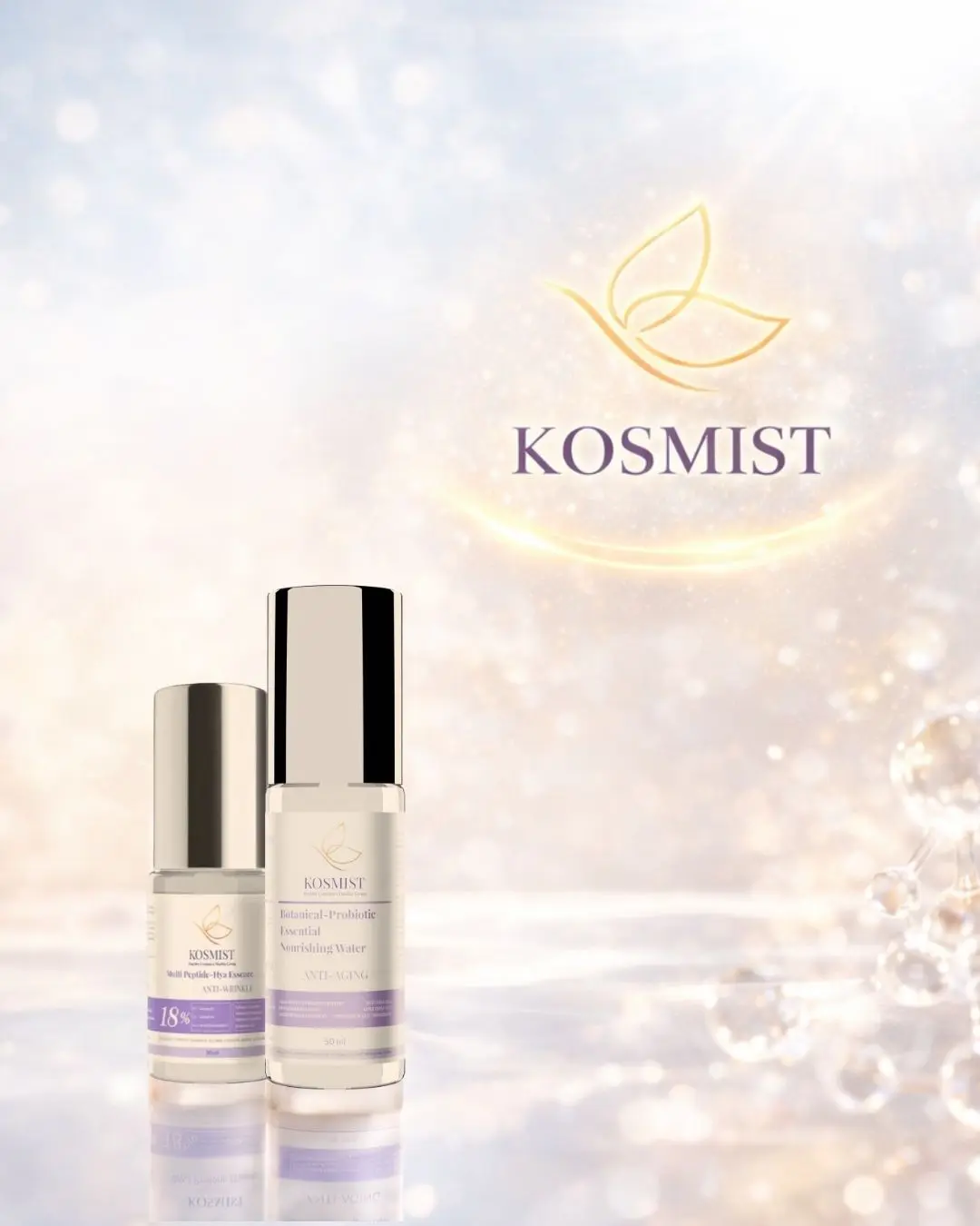 ชุดเอสเซนส์ KOSMIST สูตร Clean Beauty จำนวนสองขวด จัดวางสไตล์พรีเมียมบนพื้นหลังโทนสว่าง