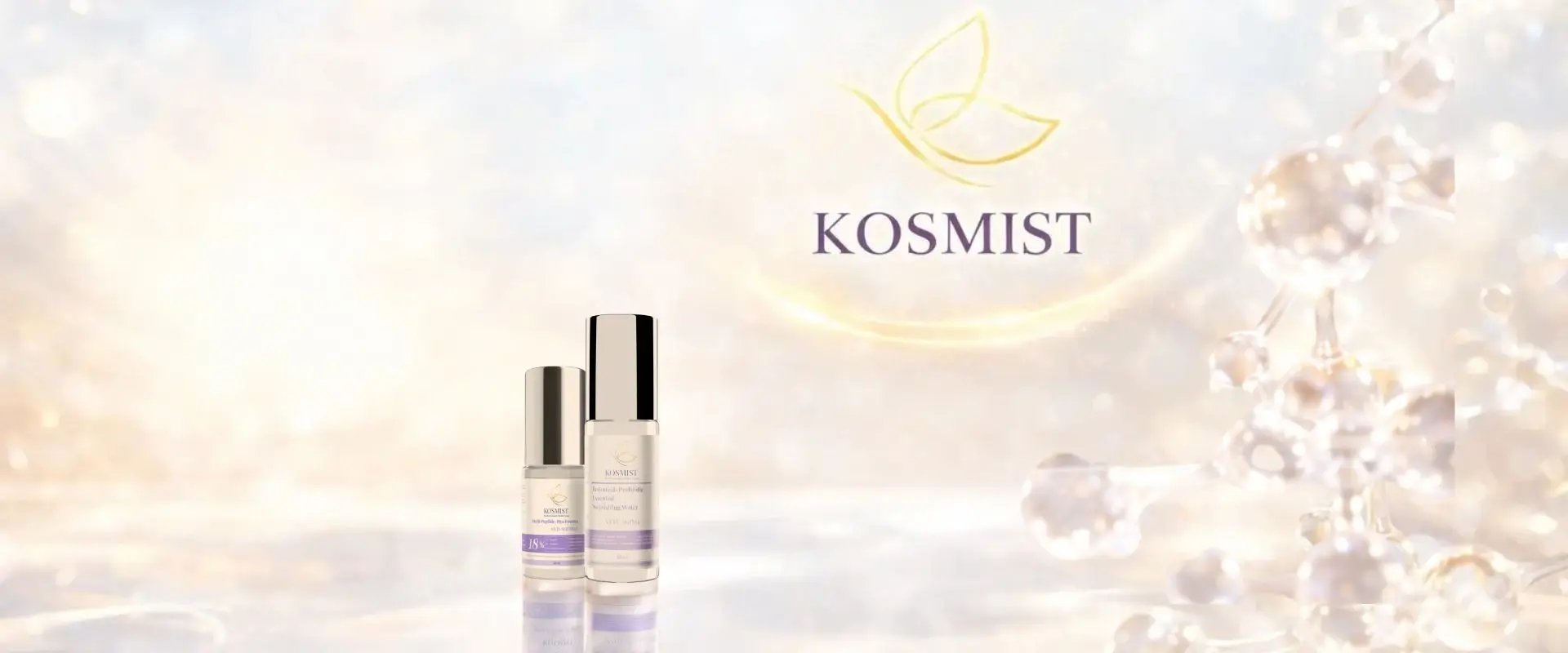 ชุดเอสเซนส์ KOSMIST สูตร Clean Beauty จำนวนสองขวด จัดวางสไตล์พรีเมียมบนพื้นหลังโทนสว่าง