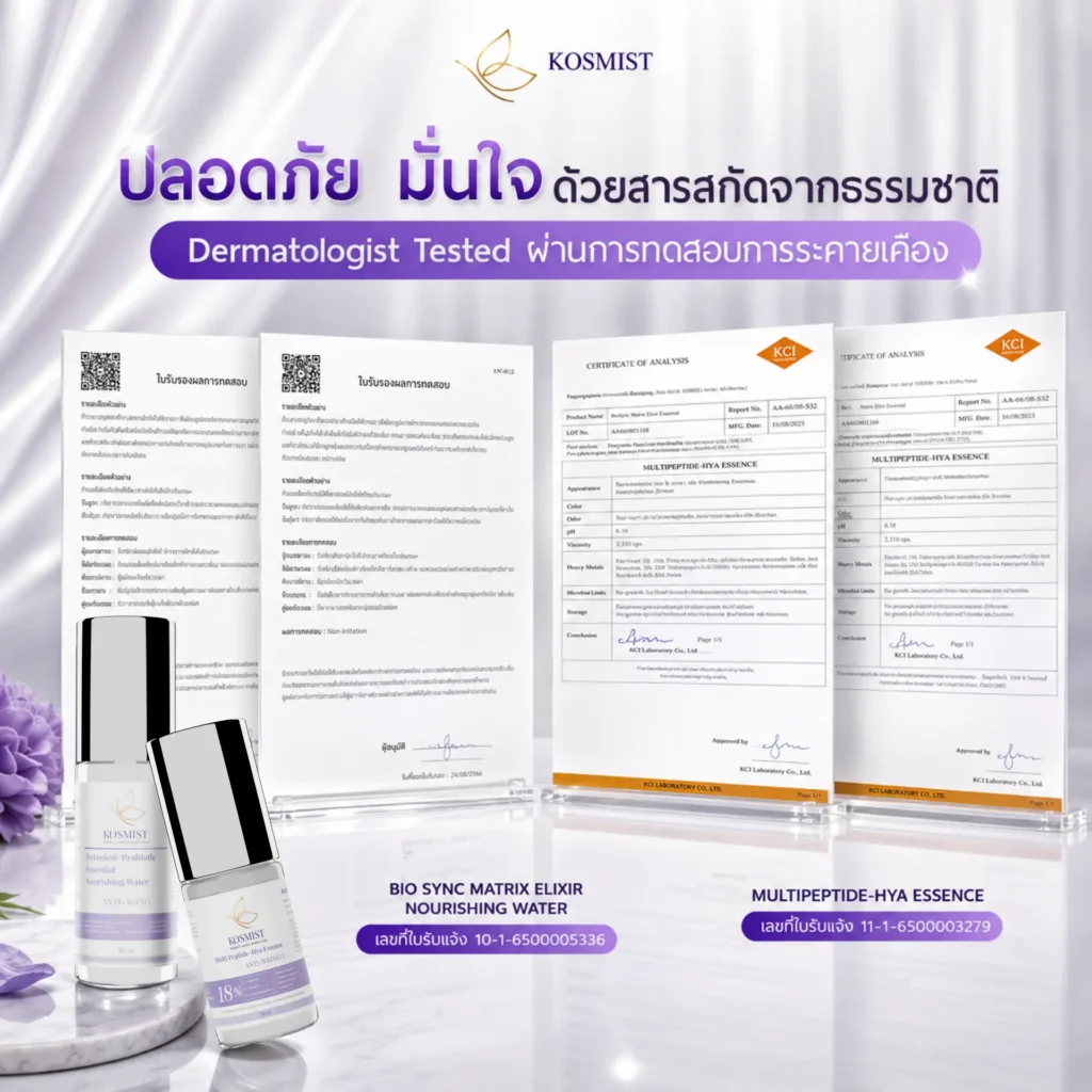 คอสมิสฑ์ KOSMIST Dermatologist Tested ผลิตภัณฑ์สกินแคร์จากสารสกัดธรรมชาติ ผ่านการทดสอบการระคายเคือง ปลอดภัยต่อผิวแพ้ง่าย พร้อมมาตรฐานคุณภาพระดับสากล